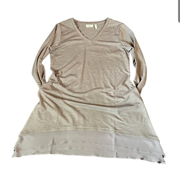 LOGO Lounge Taupe Tunic w/2 Front Pockets & 2-Tier Sheer Ruffle Hem, Size XXS - Picture 6 of 9